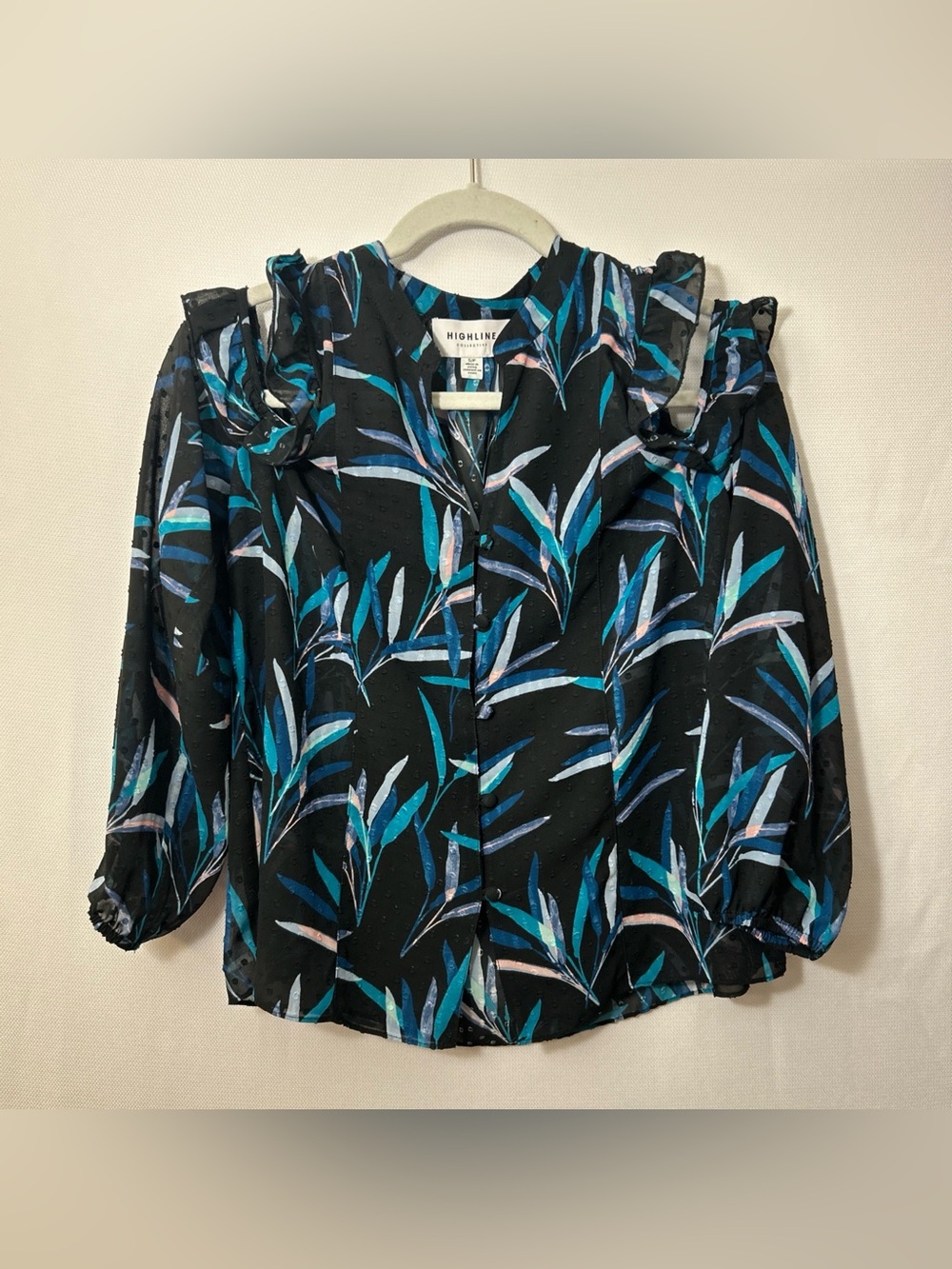 Highline‎ Collective Black Cold-Shoulder Ruffle Blouse with Teal Print
